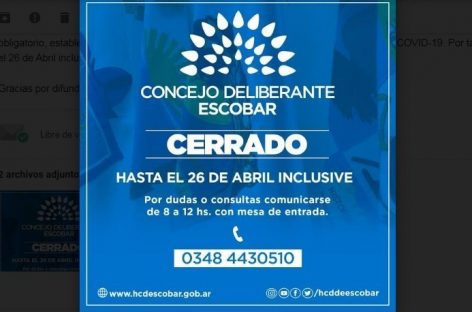 El Concejo Deliberante de Escobar permanecerá cerrado hasta el 26 de abril inclusive