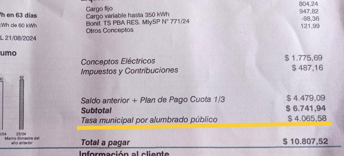 Vecino indignado por tener que pagar 4 mil pesos de tasa municipal de alumbrado en la boleta de Edenor